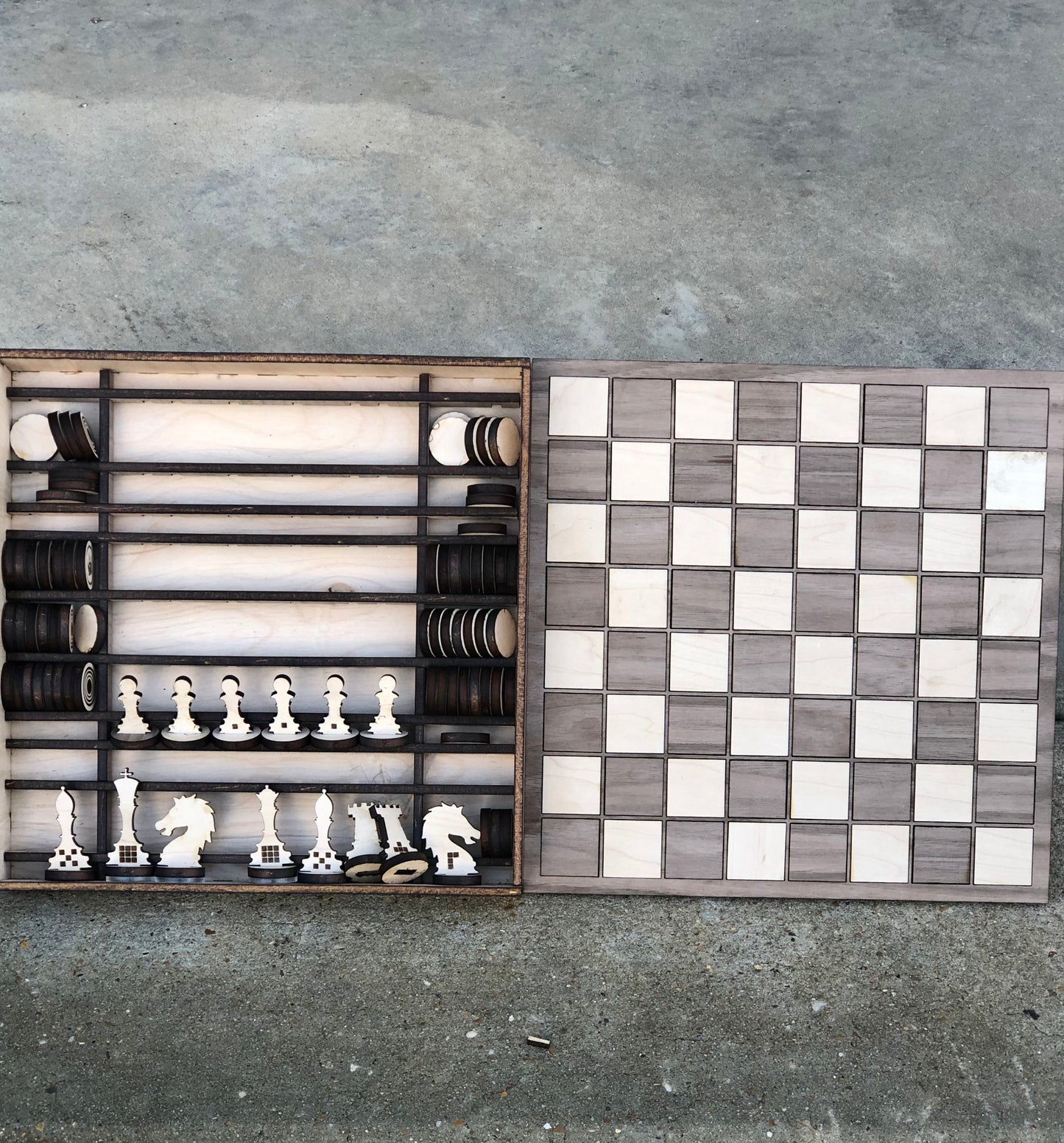 Custom chess/checkers set with storage