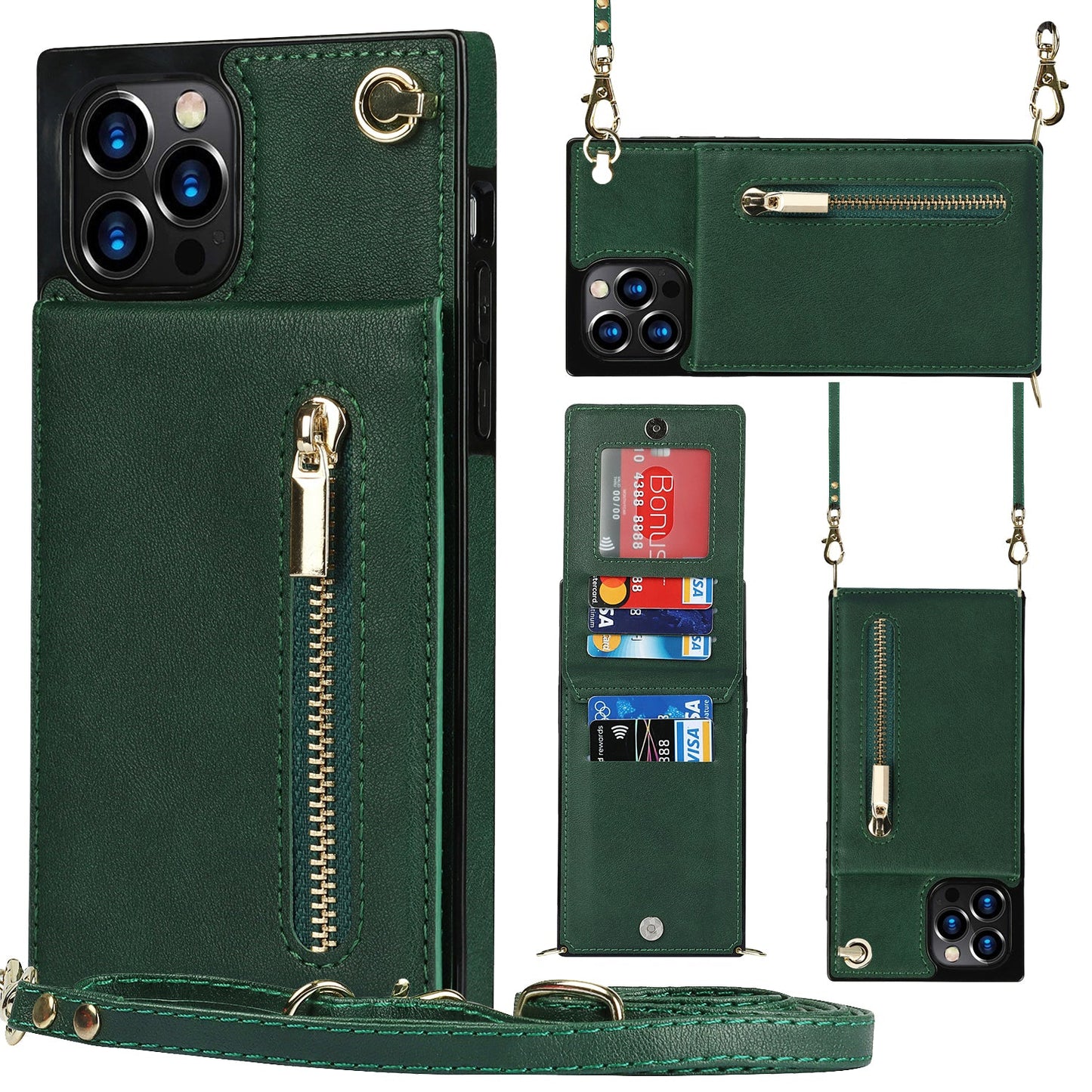 Slim Zipper Wallet Back Case for iPhone With Crossbody Strap (green)